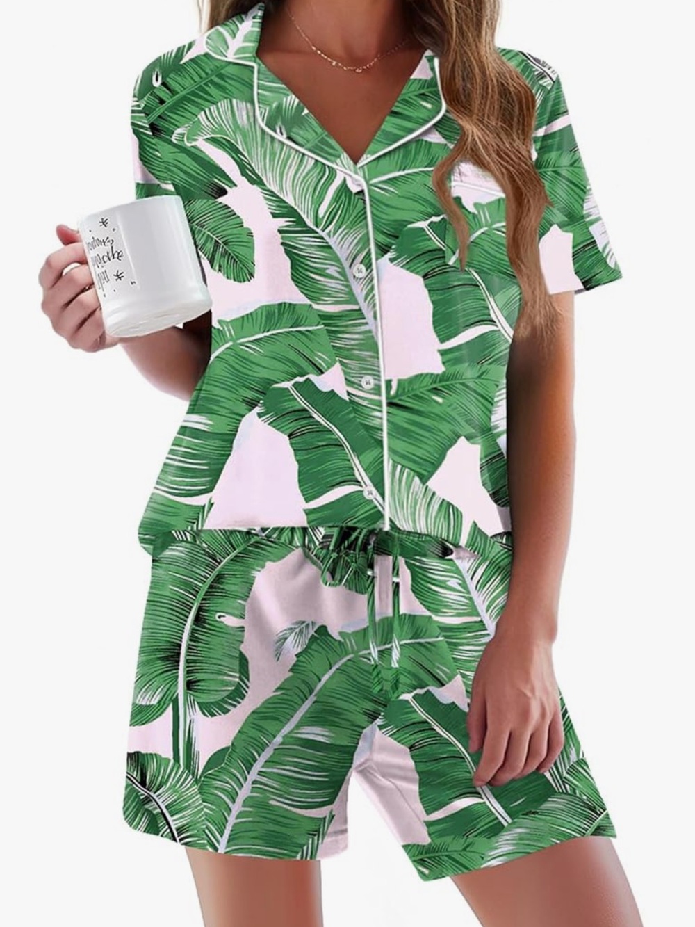 Women’s Button Down Palm Leaf Short Sleeve Soft Pajama Set - Green/Pink